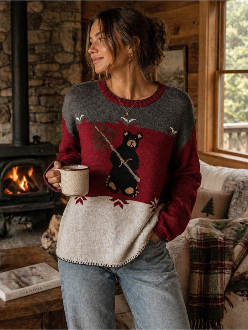 Woolrich Bear Motif Crewneck Sweater - Burgundy, Gray & Cream